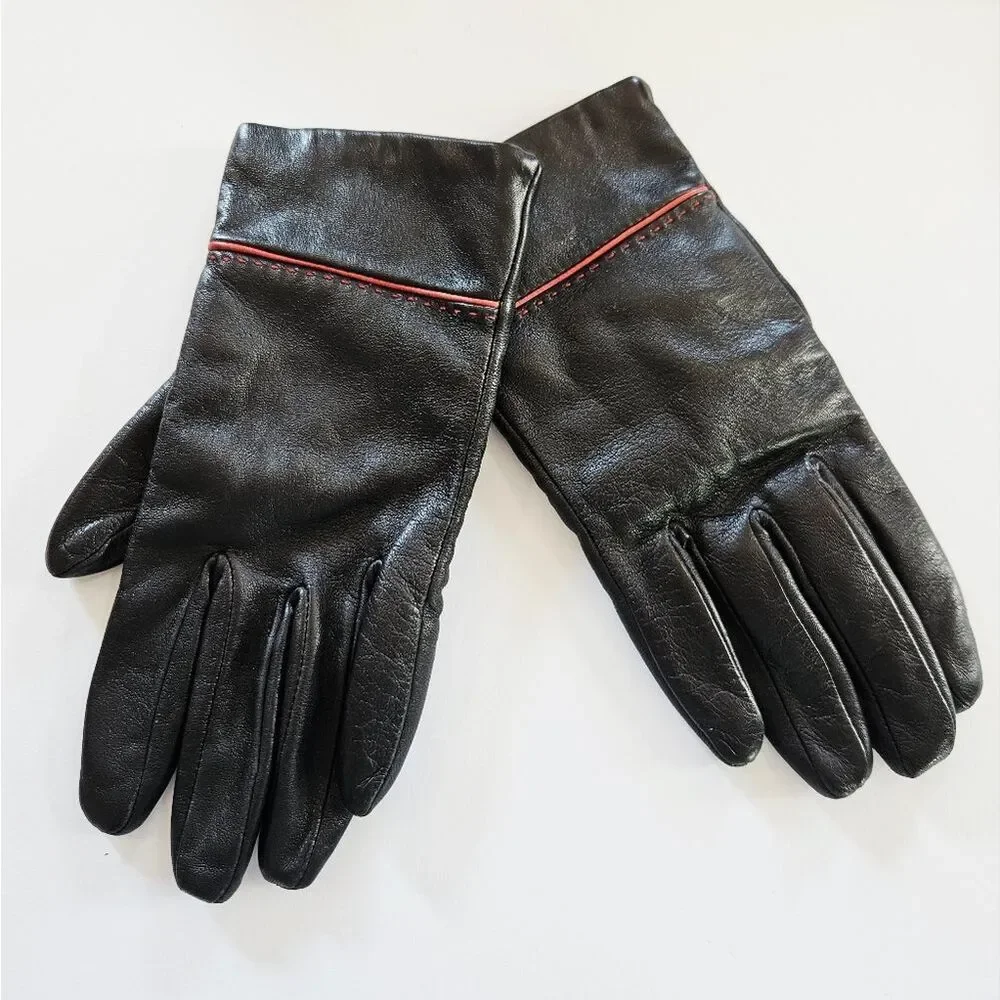 Vintage Isotoner Aris Soft Black Leather Red Detail Stitch Driving Gloves Size 8